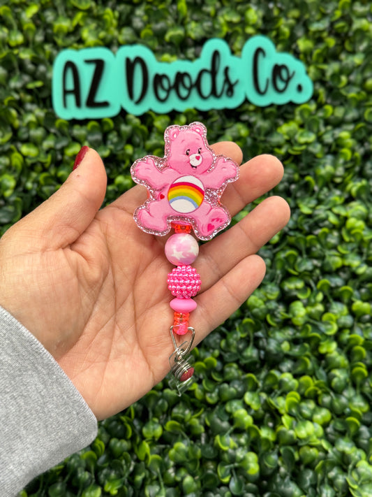 Pink Care Bear Glitter Badge Reel