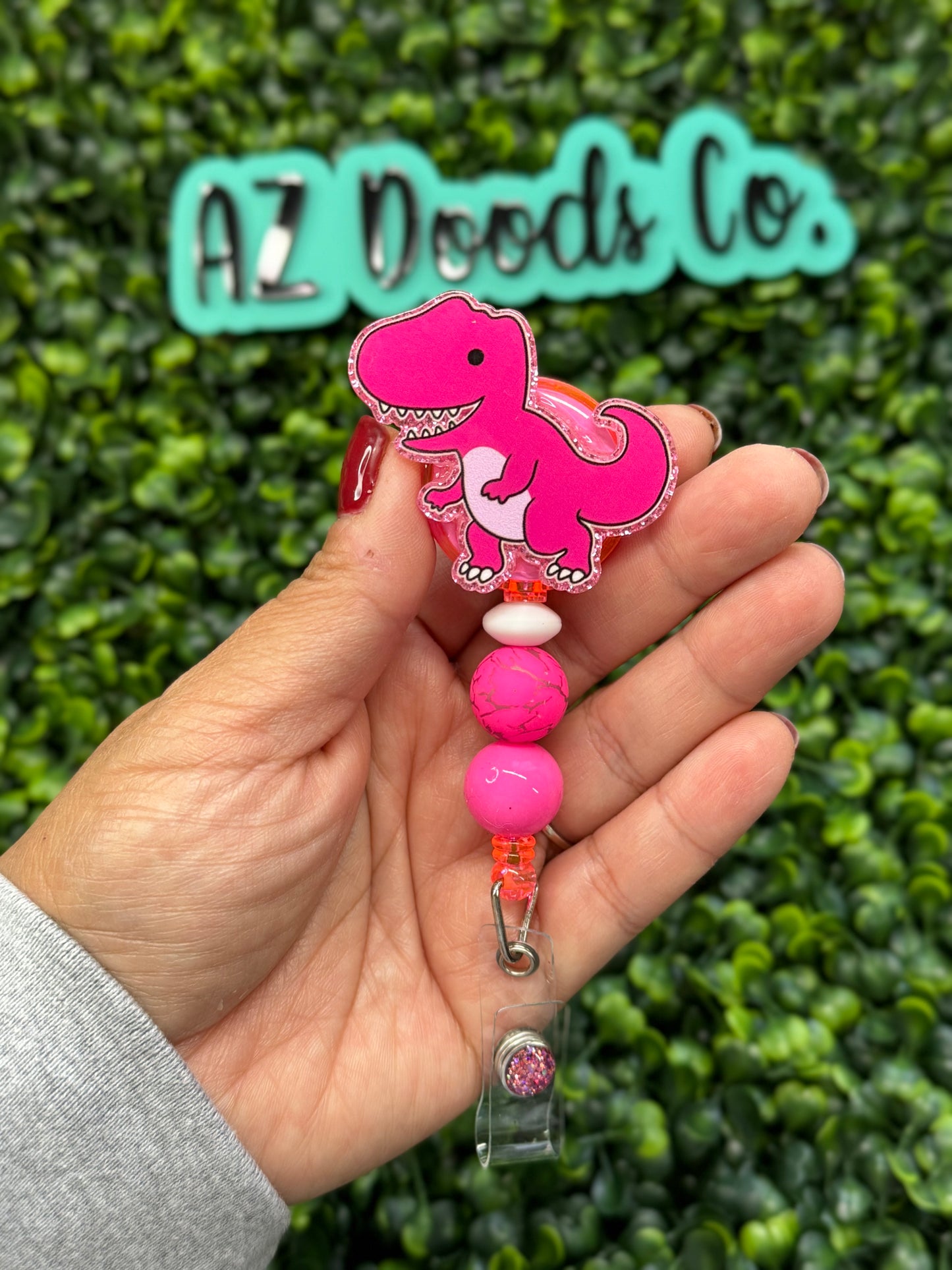 Beaded Pink-a-saurus Badge Reel